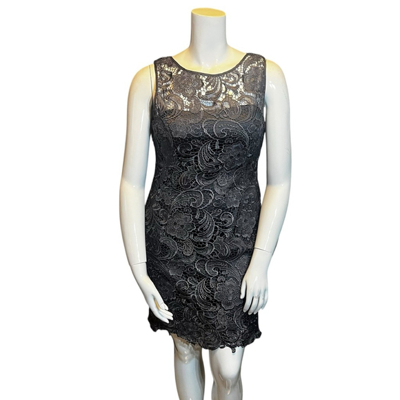Adrianna Papell Lace Illusion Sheath Dress Charcoal Floral Cocktail, 14 - Picture 2 of 13